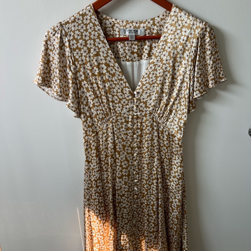 Floral V-Neck Dress in Cream and Brown